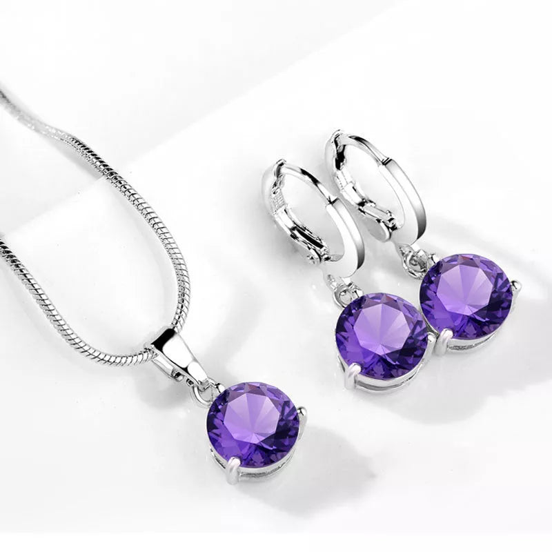 Zircon Water Drop Necklace and Earring Set with unique snake bone chain and mixed gem setting
