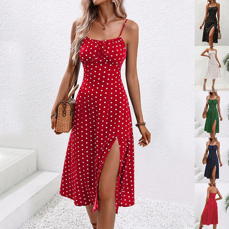 Elegant polka dot suspender dress with flattering side slit for women's summer fashion