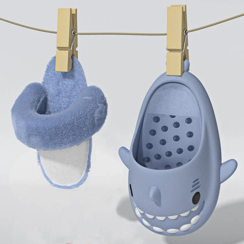 Cozy shark-inspired slippers with plush material and durable EVA soles for comfortable indoor and outdoor wear