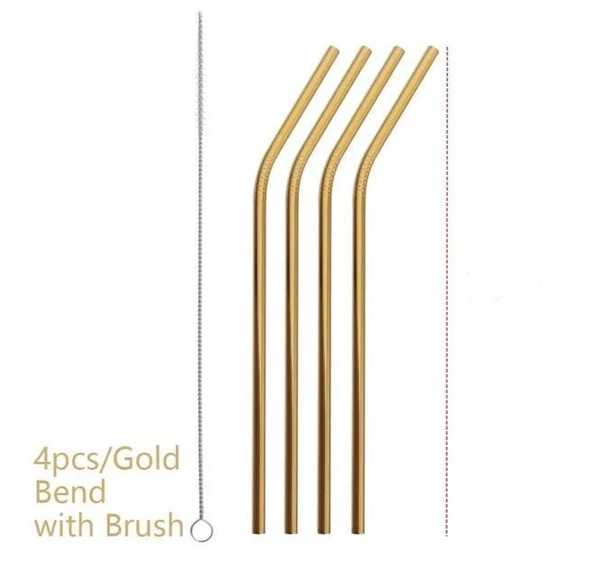 Colourful reusable stainless steel drinking straws with cleaning brush, perfect for eco-friendly sipping.