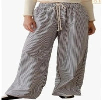 Stylish thick striped wide-leg trousers in white, black, and blue, perfect for any occasion.