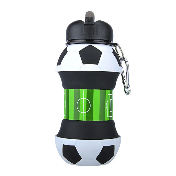 Collapsible football-shaped silicone water bottle with straw, featuring a foldable and leak-proof design for sports and travel