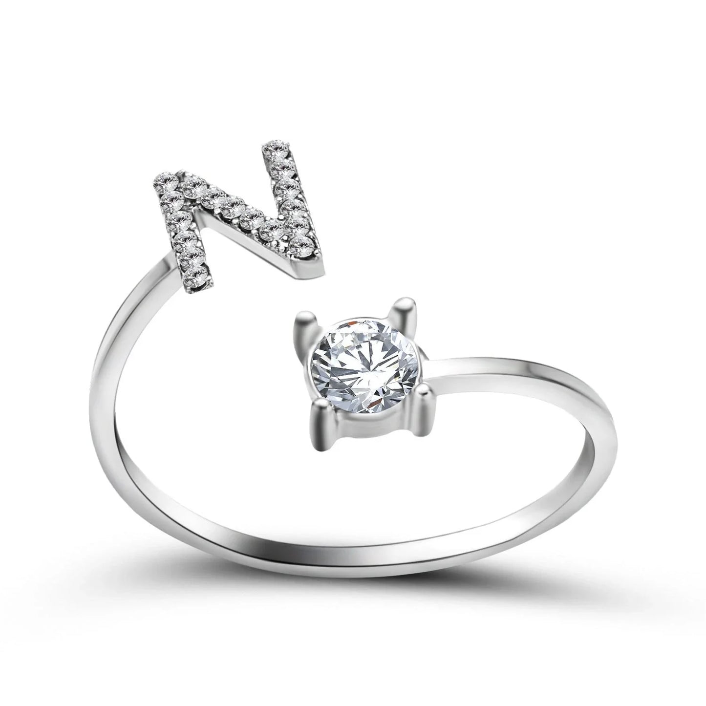 Personalized Initial Letter Crystal Ring with Adjustable Design in Gold, Silver, and Rose Gold Colors