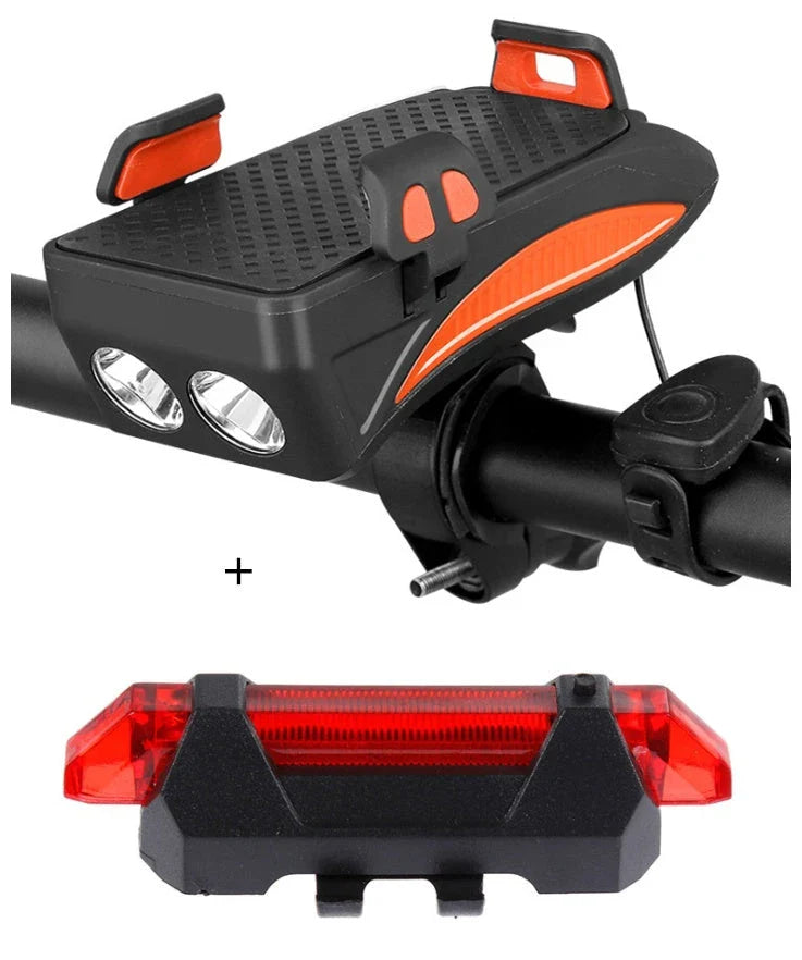 Multifunctional bike mount with horn, lights, and adjustable phone holder for secure storage and charging on the go