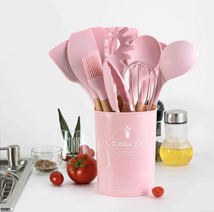 Premium silicone kitchenware set with wooden handle, ideal for cooking and baking