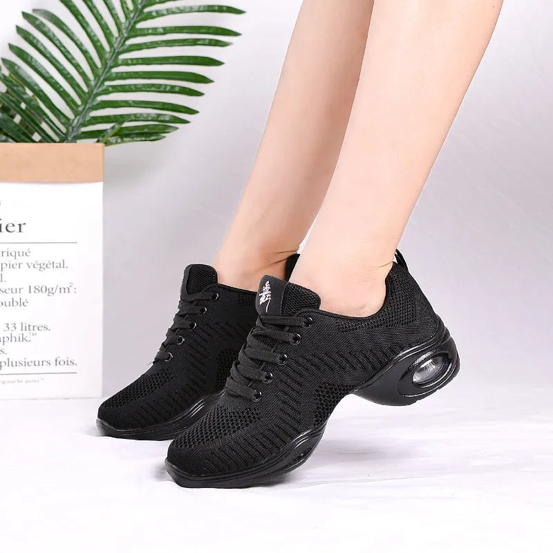 Women's breathable fly woven mesh dancing shoes in a light colour with a soft PU sole.