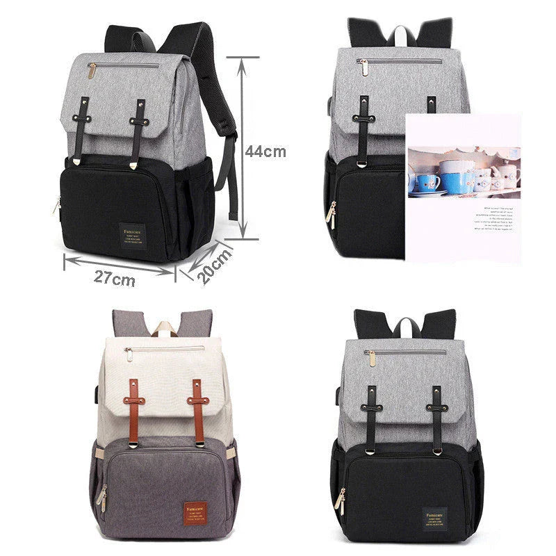 Stylish and functional diaper backpack with large capacity, stroller hooks, and USB charging port for modern parents