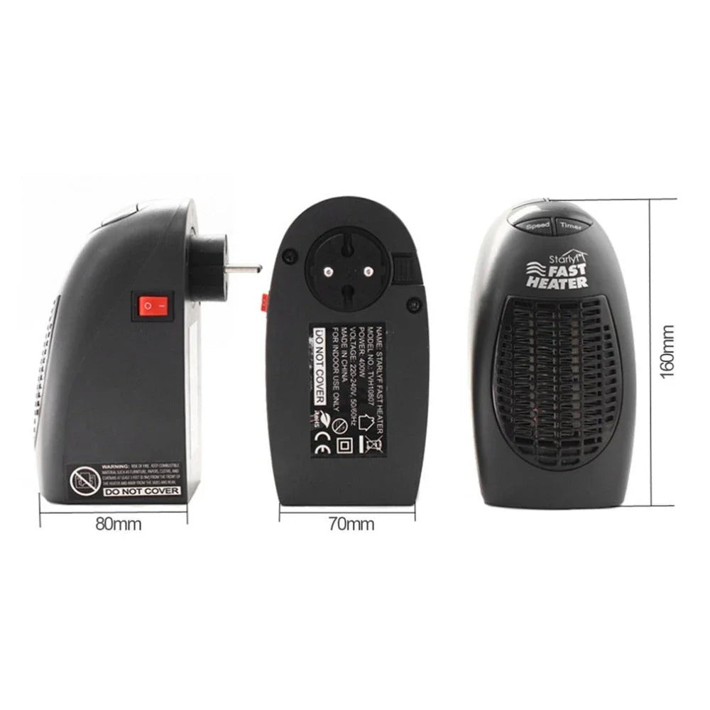 Compact electric space heater with stay-cool plastic housing, digital thermostat, and 180-degree rotating plug