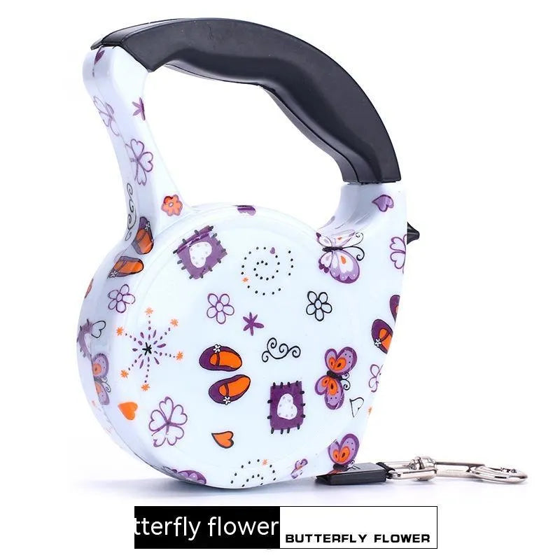 Automatic retractable dog leash, 5 m long, 1 cm wide, plastic, in a choice of printed designs