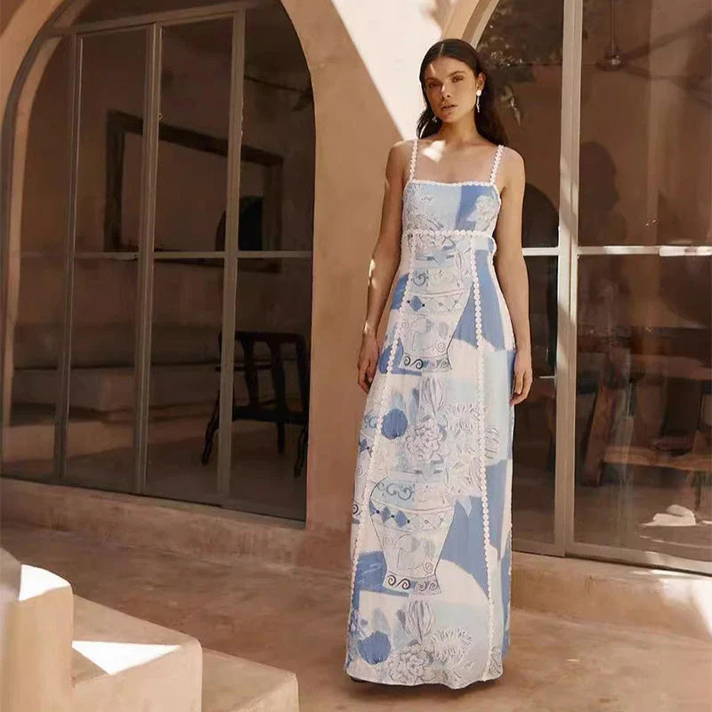 Floral lace maxi dress with backless design and bow accents