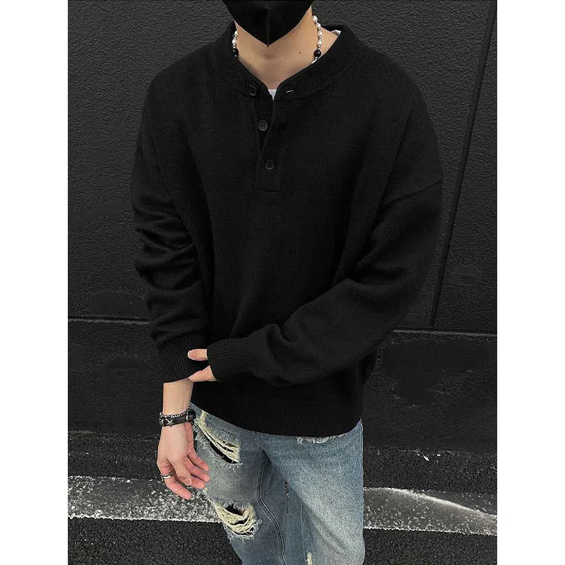 Men's loose fit long sleeve polyester knit sweater pullover in light gray, dark gray, or black, sizes M to XXXL