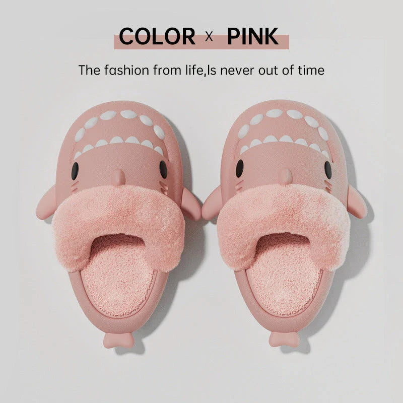Cozy shark-inspired slippers with plush material and durable EVA soles for comfortable indoor and outdoor wear