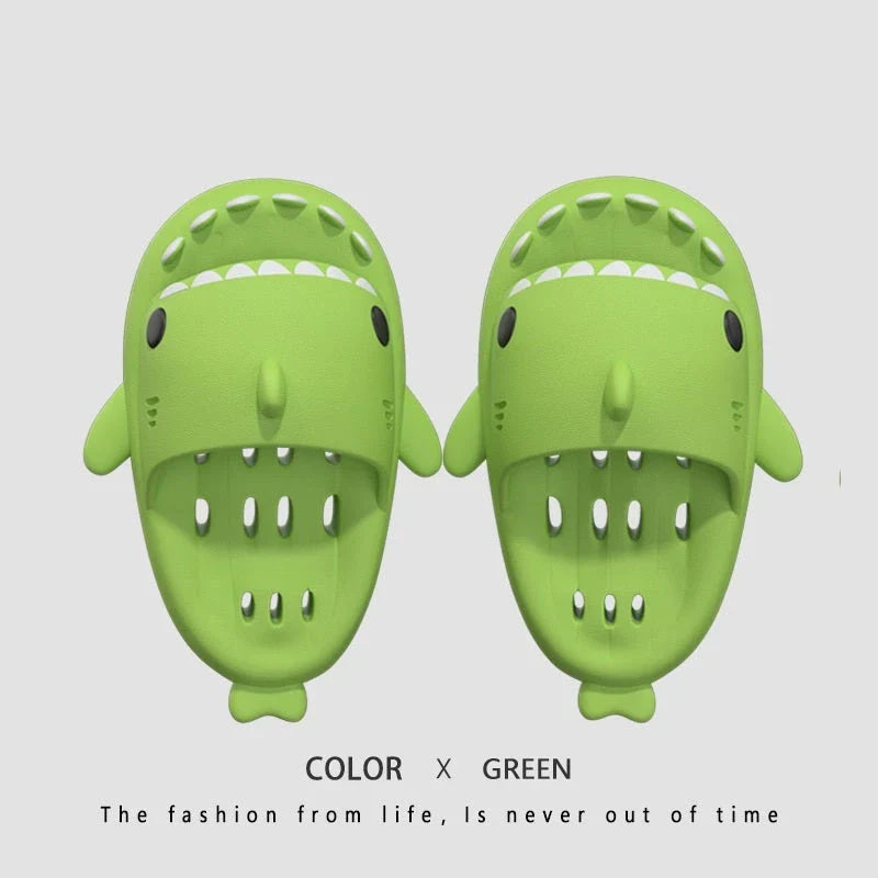 Stylish shark-themed shower slides with drainage holes and non-slip soles, made of lightweight and quick-drying EVA material
