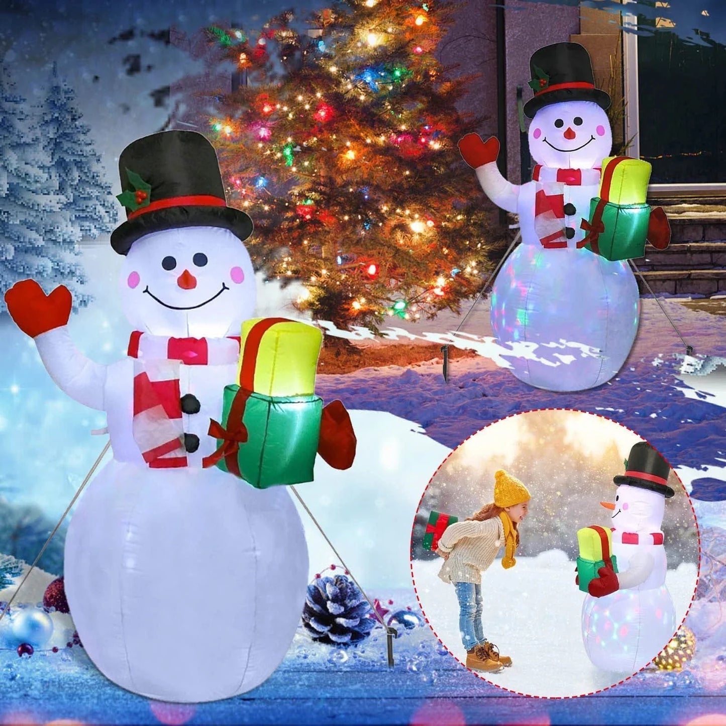 Glowing Christmas inflatables with Santa, snowman, Christmas tree, and gingerbread man designs