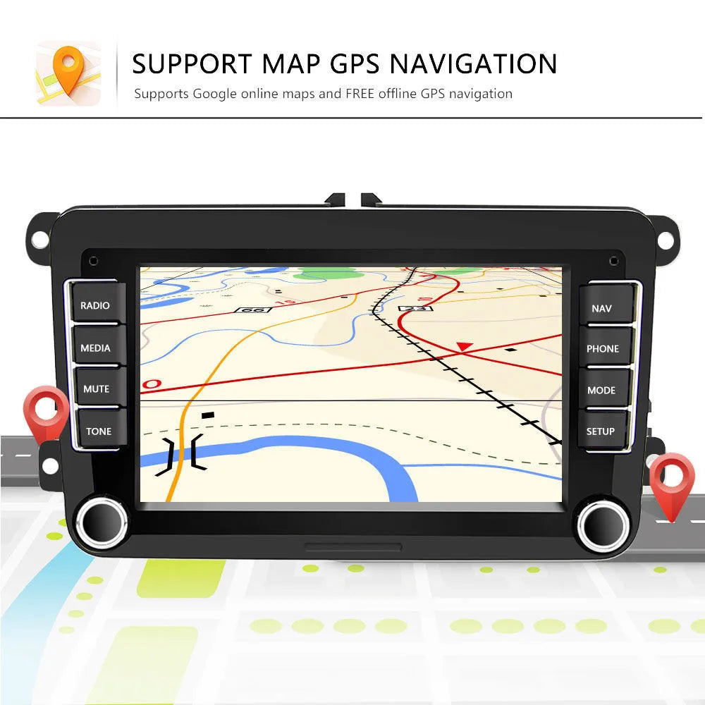 Universal 7-inch Android car stereo touchscreen for Volkswagen vehicles on a dashboard