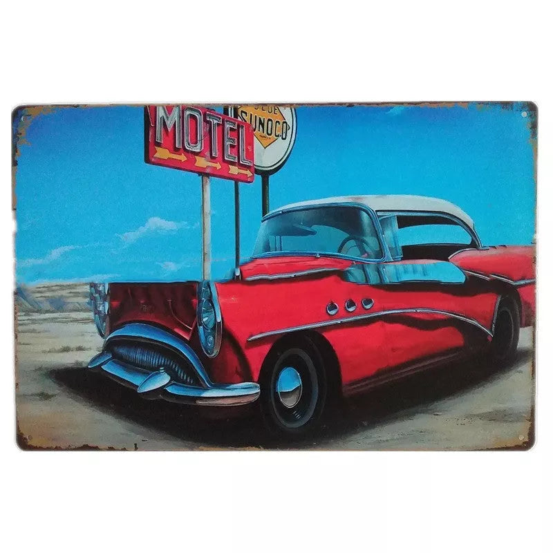 Retro tin painting metal craft with car and motorcycle design, 20*30cm