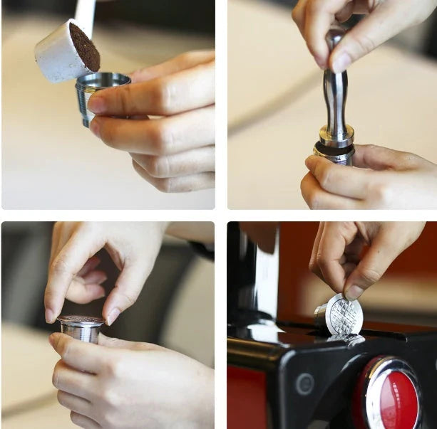 Premium stainless steel coffee capsule shells with a sleek square design, perfect for home, office, and cafe use.