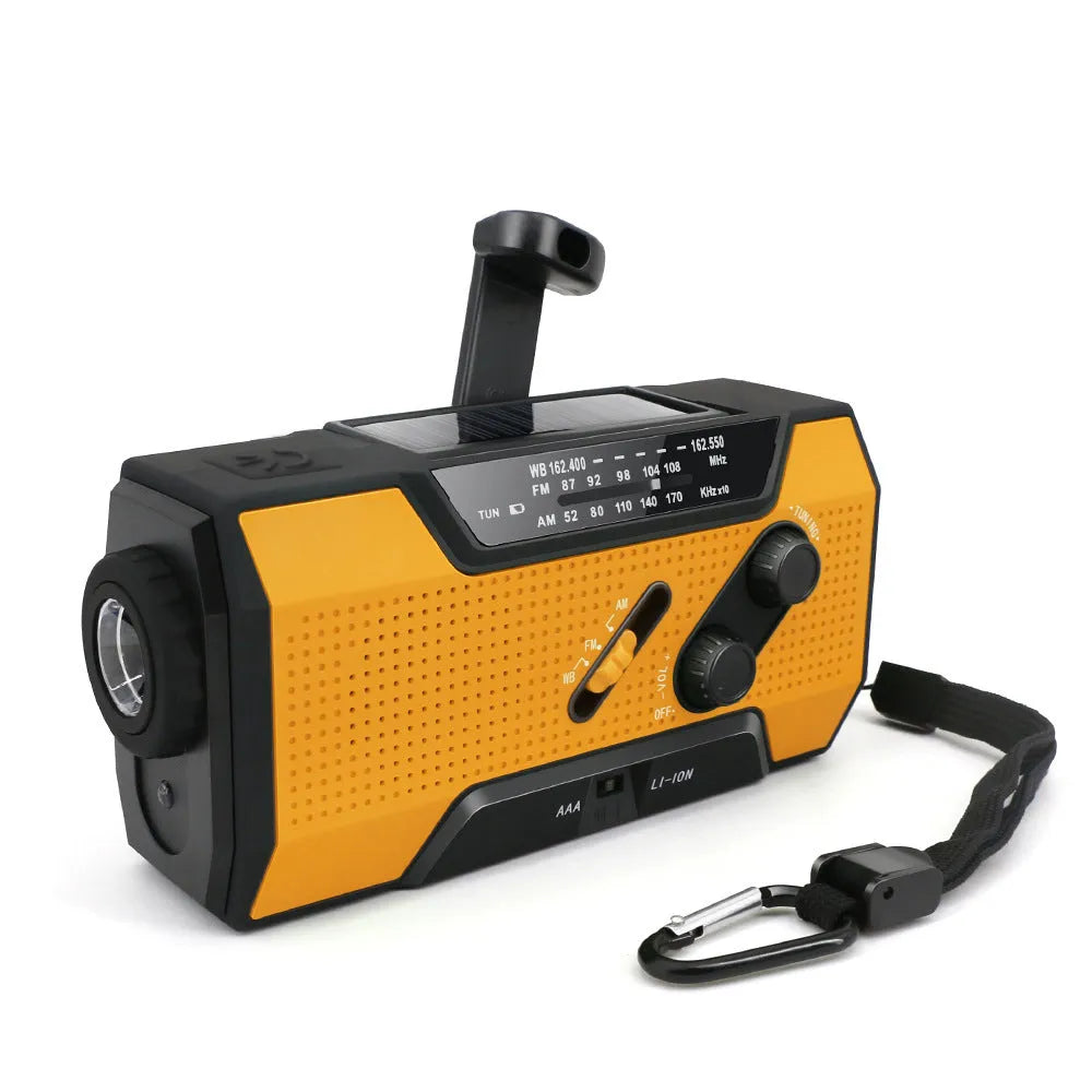 Pocket solar radio in green, red, white, or yellow with engineering plastic body, solar charging, and waterproof build.