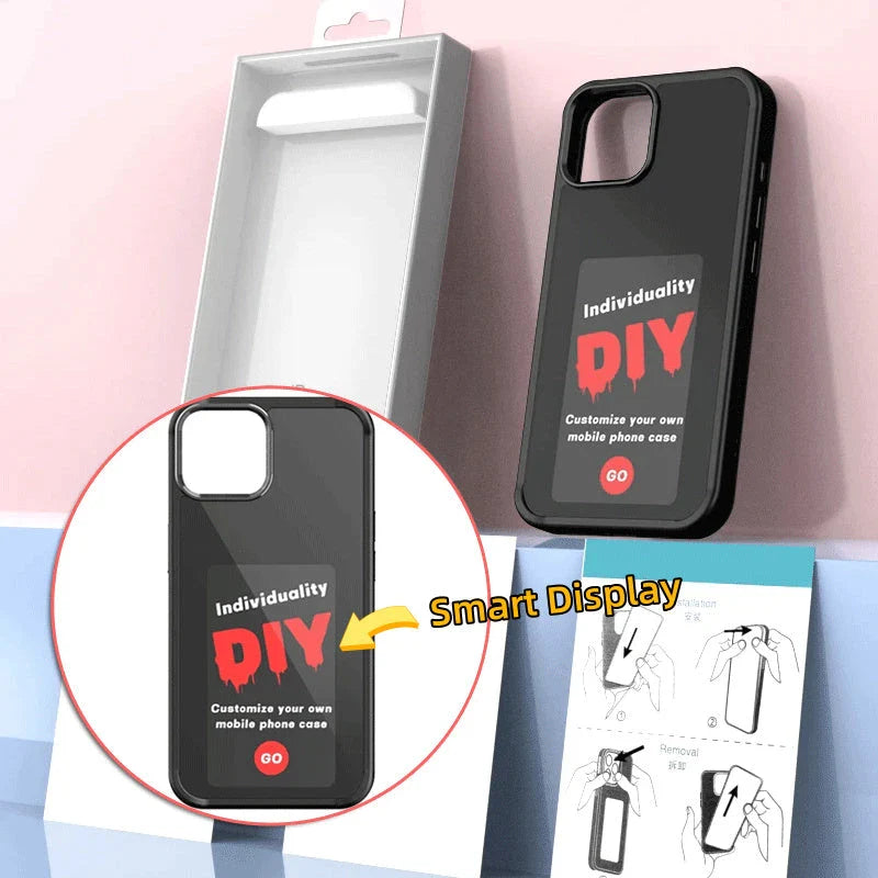 Customizable E-Ink phone case with personalized screen projection, compatible with various iPhone models