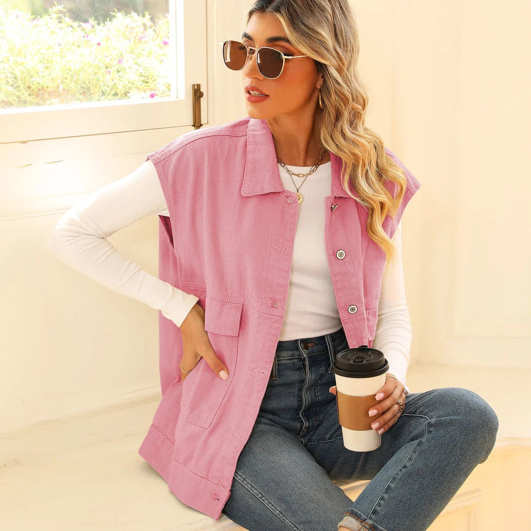 Denim vest with large pockets, sleeveless design for women's casual and formal wear