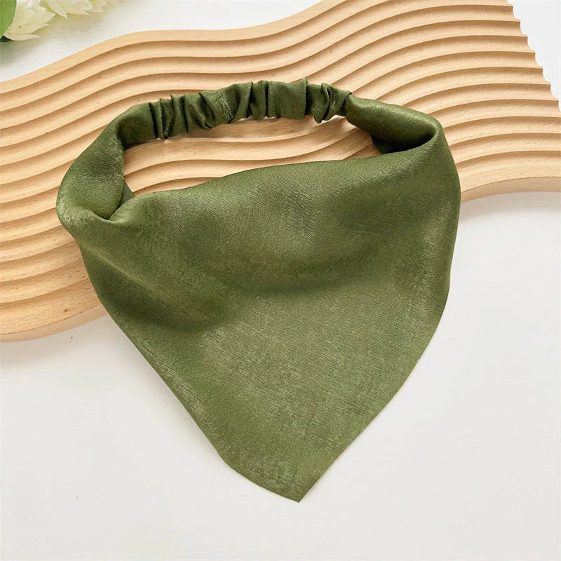 Elegant white satin triangle hair scarf with floral pattern, suitable for versatile styling as a headband, scarf, or bandana