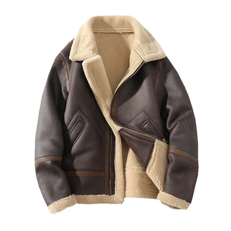 Men's Polo Collar Jacket in Brown - Casual Plus Size Fur Integrated Fleece-Lined Thickened Outerwear