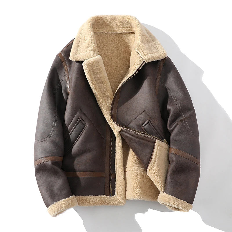 Men's Polo Collar Jacket in Brown - Casual Plus Size Fur Integrated Fleece-Lined Thickened Outerwear