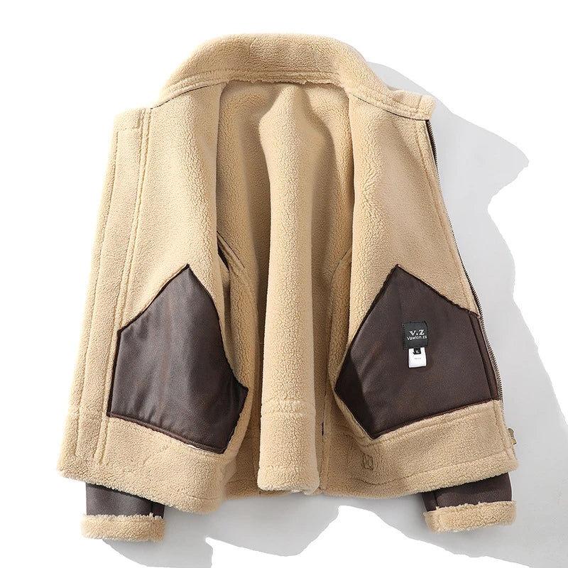 Men's Polo Collar Jacket in Brown - Casual Plus Size Fur Integrated Fleece-Lined Thickened Outerwear