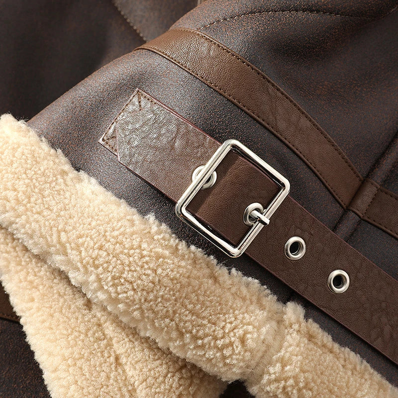 Men's Polo Collar Jacket in Brown - Casual Plus Size Fur Integrated Fleece-Lined Thickened Outerwear
