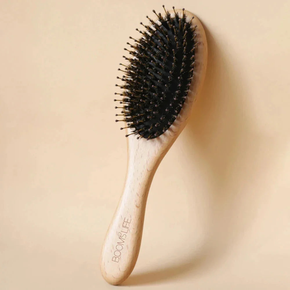 Premium boar bristle and wooden hair brush for frizz control, shine enhancement, and hair protection