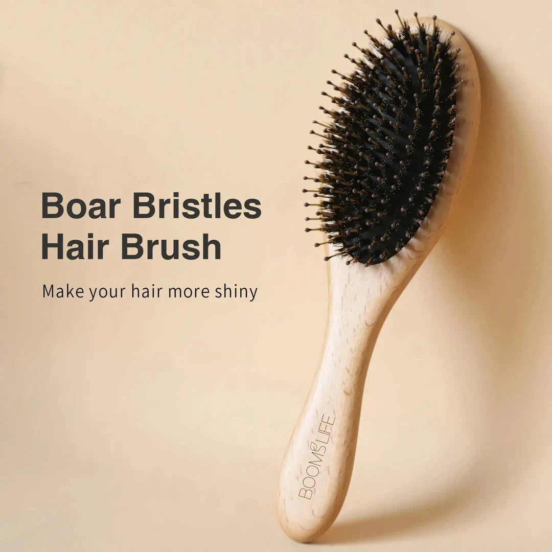 Premium boar bristle and wooden hair brush for frizz control, shine enhancement, and hair protection