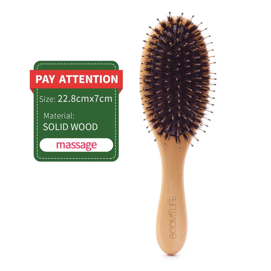 Premium boar bristle and wooden hair brush for frizz control, shine enhancement, and hair protection
