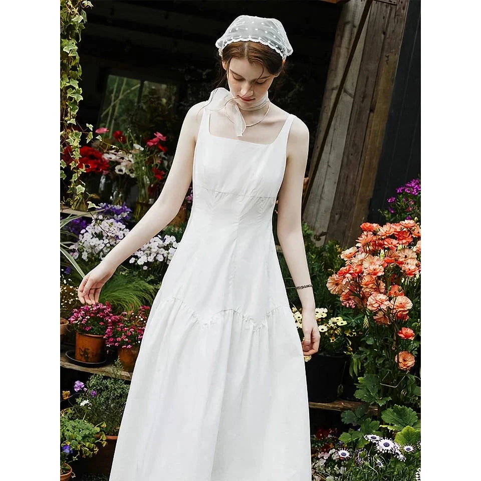 Elegant French white suspender long dress made from premium 100% cotton for effortless style