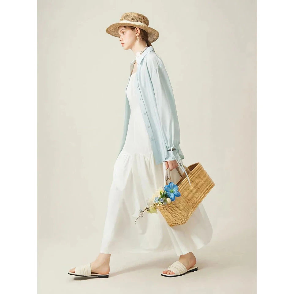 Elegant French white suspender long dress made from premium 100% cotton for effortless style