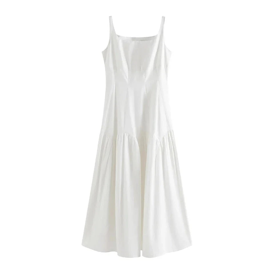 Elegant French white suspender long dress made from premium 100% cotton for effortless style