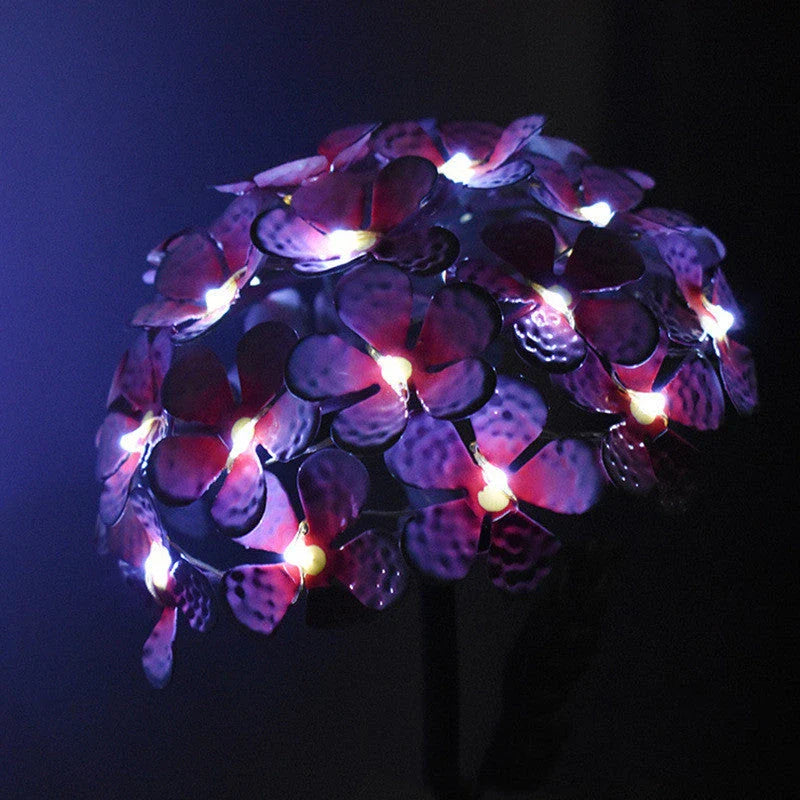 Solar-powered hydrangea garden lights in various colors placed outdoors to provide ambient lighting