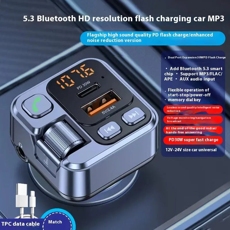 Car Bluetooth MP3 player receiver with FM transmitter and dual USB charging ports for vehicles