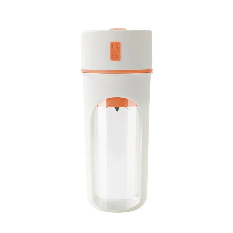 Blue portable USB rechargeable electric juicer blender with a large feed cap on a kitchen counter.