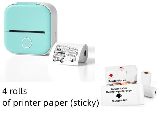 Compact Bluetooth-enabled thermal label printer in white, pink, and green colors with various label options