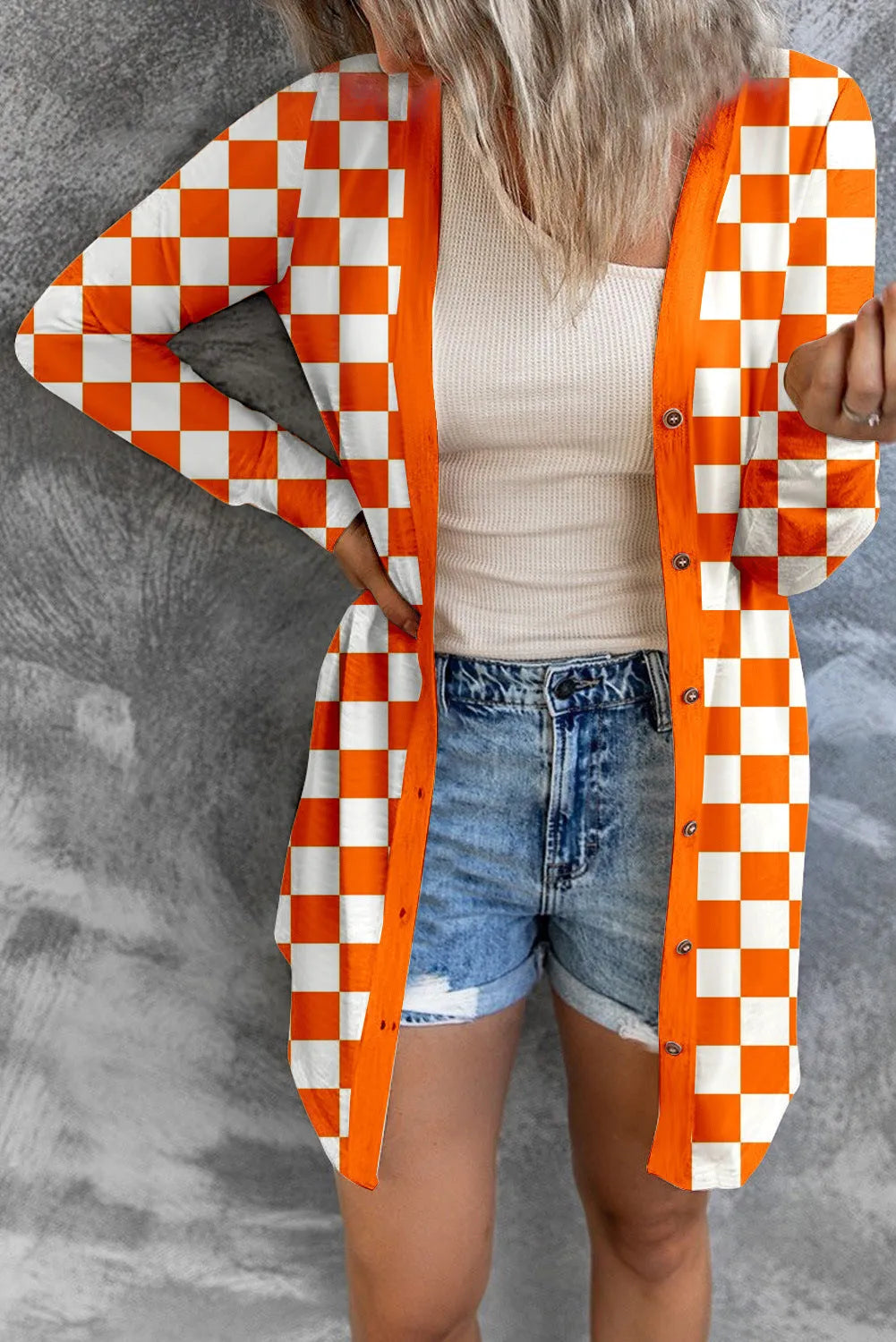 Women's long plaid knitted cardigan coat in polyester fabric with regular sleeves