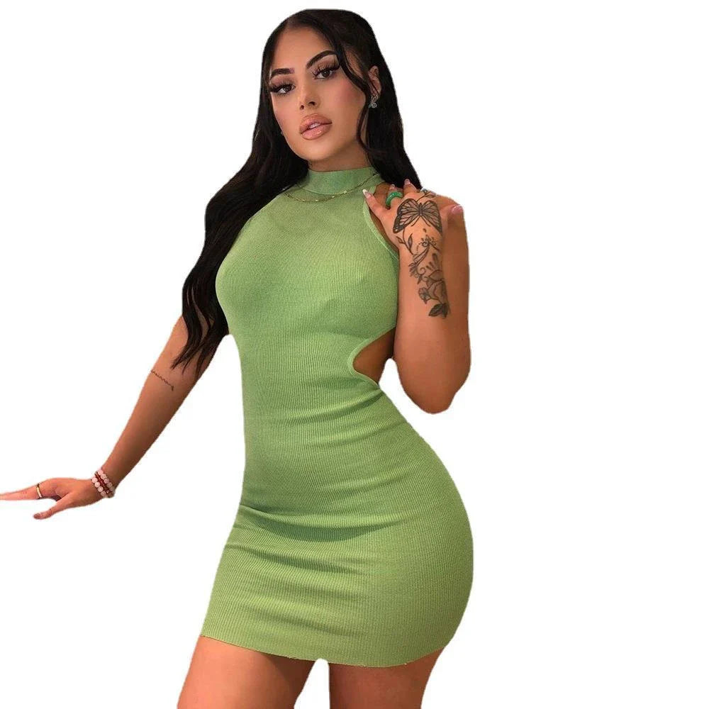 A high-neck cocktail dress with a unique cutout detail at the back, available in a variety of vibrant colors