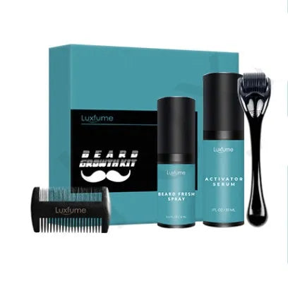 Beard care kit with 30ml growth solution, 15ml disinfectant, titanium alloy roller and zinc alloy comb, 21.2x21x4.9cm