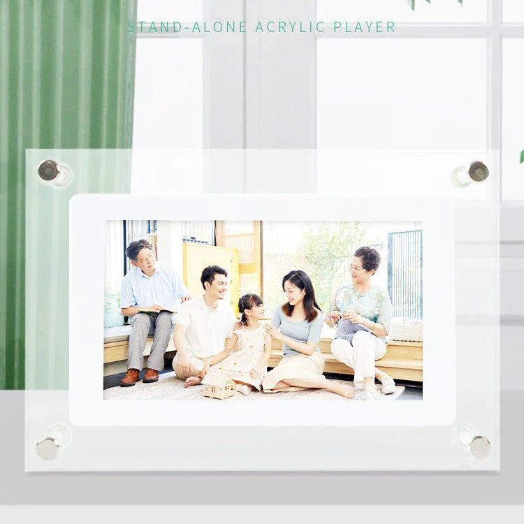 Stylish digital photo frame with high-resolution display, supports photo, video, and music playback