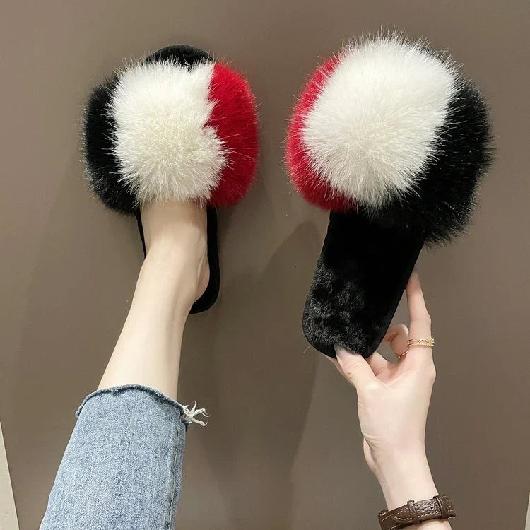 Cosy indoor furry slippers for British women, featuring plush lining, open-toe design, and trendy tassels in a range of classic UK colours.