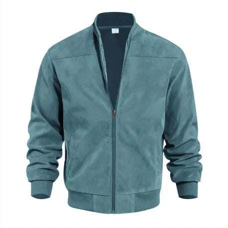 Men's plus size suede jacket in army green with regular fit and cotton lining, sizes S to XXXL.