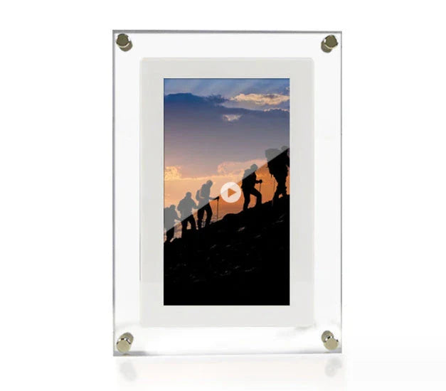 Stylish digital photo frame with high-resolution display, supports photo, video, and music playback