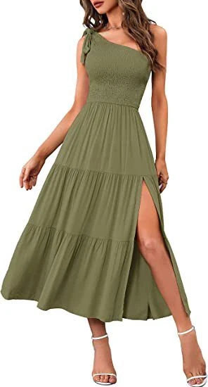 Elegant one-shoulder pleated maxi dress in various colours, featuring an asymmetrical hem and side slits for a stylish, head-turning look