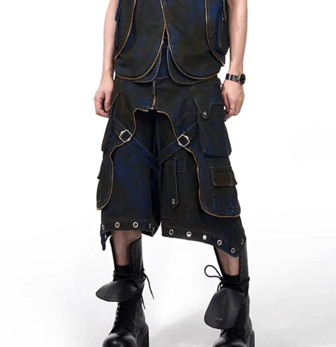 Korean style hooded denim vest coat jacket with matching blue trousers