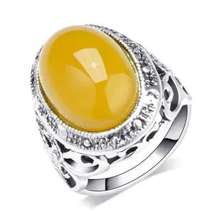 Retro geometric alloy ring with antique silver electroplating and fluorescent beeswax amber detail