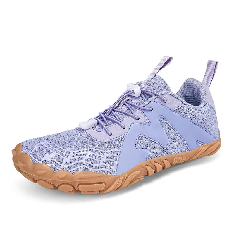Climbing shoes with Flyknit lining and a rubber sole in A83 colour options on a climbing hold.